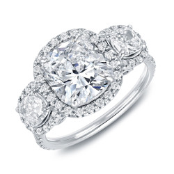 White Gold 4 2/5ct TDW Certified Cushion Cut Diamond Halo 3-Stone Engagement Ring - Handcrafted By Name My Rings™