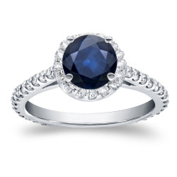 White Gold 7/8ct Blue Sapphire and 3/5ct TDW  Diamond Halo Ring - Handcrafted By Name My Rings™
