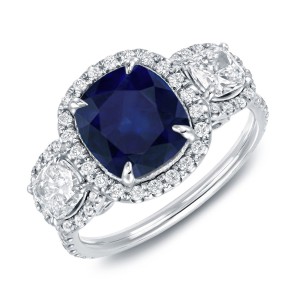 White Gold Blue Sapphire and 1 2/5ct TDW Cushion Cut Halo Diamond Engagement Ring - Handcrafted By Name My Rings™