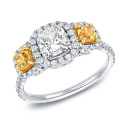 White Gold Certified 2ct TDW 3-stone Yellow Diamond Halo Engagement Ring - Handcrafted By Name My Rings™
