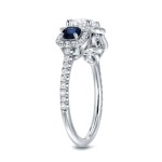 White Gold Sapphire and Diamond 3-Stone Halo Engagement Ring - Handcrafted By Name My Rings™