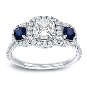 White Gold Sapphire and Diamond 3-Stone Halo Engagement Ring - Handcrafted By Name My Rings™