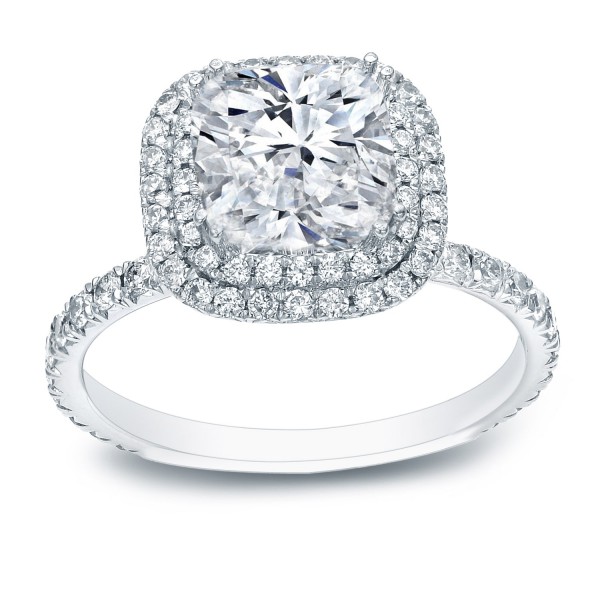 Gold 3ct TDW Certified Cushion Cut Diamond Double Halo Engagement Ring - Handcrafted By Name My Rings™