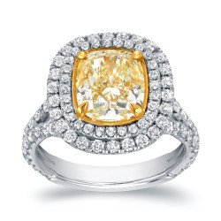 Two-tone Gold 4 1/5ct TDW Certified Cushion-cut Double Halo Fancy Yellow Diamond Engagement Ring - Handcrafted By Name My Rings™