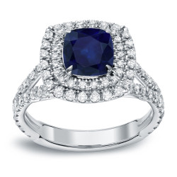 White Gold 1 1/4ct Blue Sapphire and 1ct TDW Diamond Double-Halo Ring - Handcrafted By Name My Rings™