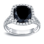 White Gold 3 1/3ct TDW Black Cushion Halo Split Shank Diamond Ring - Handcrafted By Name My Rings™