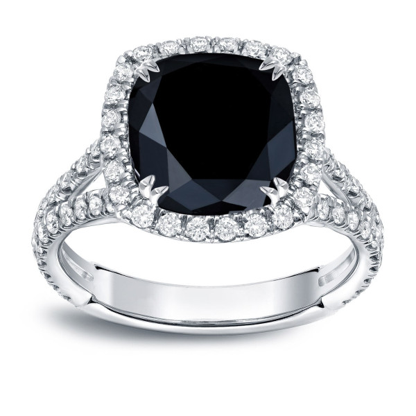White Gold 3 1/3ct TDW Black Cushion Halo Split Shank Diamond Ring - Handcrafted By Name My Rings™