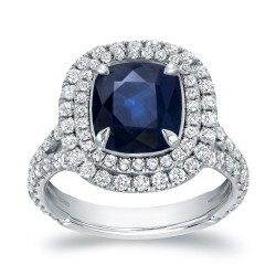 White Gold 3ct Blue Sapphire and 1 1/5ct TDW Double Halo Diamond Ring - Handcrafted By Name My Rings™