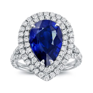 White Gold 3ct Blue Sapphire and 1ct TDW Diamond Halo Ring - Handcrafted By Name My Rings™