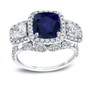 White Gold 3ct Blue Sapphire and 2ct TDW Halo Diamond Ring - Handcrafted By Name My Rings™