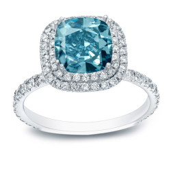 White Gold 3ct TDW Cushion-Cut Blue Diamond Halo Engagement Ring - Handcrafted By Name My Rings™