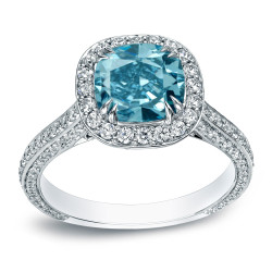 White Gold 3ct TDW Cushion-Cut Blue Diamond Halo Engagement Ring - Handcrafted By Name My Rings™