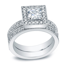 Platinum 1 1/2ct TDW Certified Princess-cut Diamond Halo Bridal Ring Set - Handcrafted By Name My Rings™
