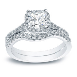 Platinum 1 1/5ct TDW Certified Princess-cut Diamond Halo Bridal Ring Set - Handcrafted By Name My Rings™