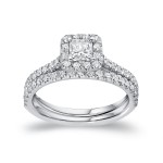 Platinum 1ct TDW Certified Princess-cut Diamond Halo Bridal Ring Set - Handcrafted By Name My Rings™