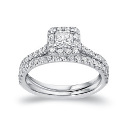 Platinum 1ct TDW Certified Princess-cut Diamond Halo Bridal Ring Set - Handcrafted By Name My Rings™