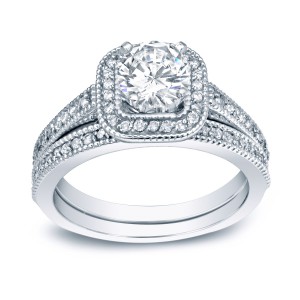Platinum 1ct TDW Certified Round Diamond Vintage Inspired Bridal Ring Set - Handcrafted By Name My Rings™