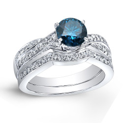 Platinum 1ct TDW Round-Cut Blue Diamond Bridal Ring Set - Handcrafted By Name My Rings™