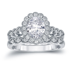 Platinum 2 1/6ct TDW Certified Oval Diamond Halo Bridal Ring Set - Handcrafted By Name My Rings™