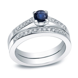 Platinum 2/5ct Blue Sapphire and 3/5ct TDW Round Cut Diamond Bridal Ring Set - Handcrafted By Name My Rings™