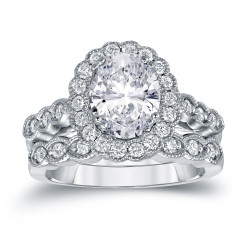 Platinum 3 1/8ct TDW Certified Oval Diamond Halo Bridal Ring Set - Handcrafted By Name My Rings™