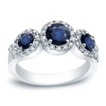 Platinum 4/5ct Blue Sapphire and 2/5ct TDW Three-Stone Round Cut Diamond Engagement Ring - Handcrafted By Name My Rings™