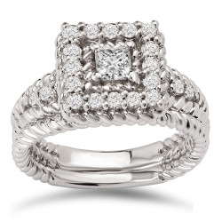 White Gold 3/4ct TDW Diamond Princess Halo Rope Detail Bridal Ring Set - Handcrafted By Name My Rings™