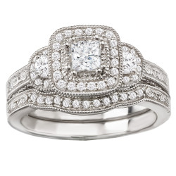 White Gold 5/7ct TDW Princess Halo Vintage Diamond Bridal Set - Handcrafted By Name My Rings™