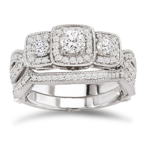 White Gold 7/8ct TDW Diamond Vintage Bridal Ring Set - Handcrafted By Name My Rings™