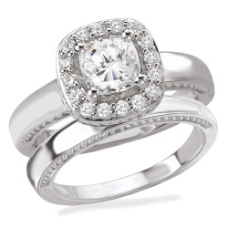 Rhodium Plated Sterling Silver Cubic Zirconia Cushion Cut Center With Halo And Plain Shank Bridal Set - Handcrafted By Name My Rings™