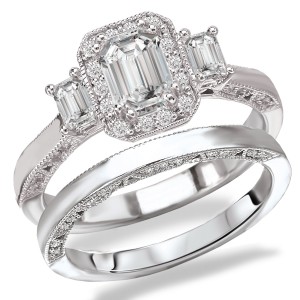 Rhodium Plated Sterling Silver Cubic Zirconia Emerald Cut Center Three Stone Look Bridal Set - Handcrafted By Name My Rings™