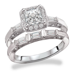 Rhodium Plated Sterling Silver Cubic Zirconia Princess Cut Center Round and Bauguette Vintage Bridal Set - Handcrafted By Name My Rings™