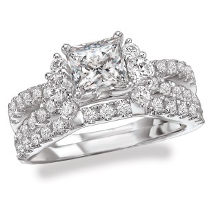 Rhodium Plated Sterling Silver Cubic Zirconia Princess Cut Center Split Shank Bridal Set - Handcrafted By Name My Rings™