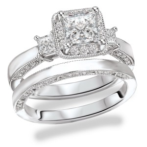 Rhodium Plated Sterling Silver Cubic Zirconia Princess Cut Center with Halo Design Bridal Set - Handcrafted By Name My Rings™