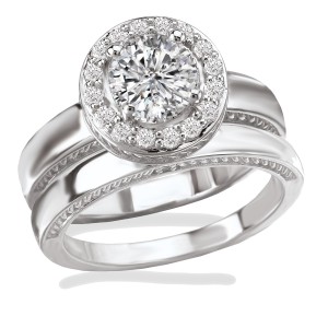 Rhodium Plated Sterling Silver Cubic Zirconia Round Halo And Plain Shank Bridal Set - Handcrafted By Name My Rings™