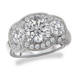Rhodium Plated Sterling Silver Cubic Zirconia Round Three Stone Halo Vintage Bridal Set - Handcrafted By Name My Rings™