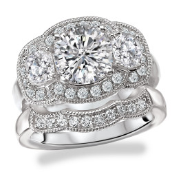 Rhodium Plated Sterling Silver Cubic Zirconia Round Three Stone Halo Vintage Bridal Set - Handcrafted By Name My Rings™