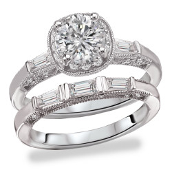 Rhodium Plated Sterling Silver Cubic Zirconia Round and Baugette Vantage Bridal Set - Handcrafted By Name My Rings™