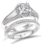 Rhodium-plated Sterling Silver 2 2/5ct Cubic Zirconia Round Split Shank Bridal Ring Set - Handcrafted By Name My Rings™