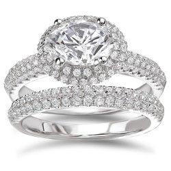 Rhodium-plated Sterling Silver 3 1/8ct Cubic Zirconia Oval Pave Halo Bridal Ring Set - Handcrafted By Name My Rings™