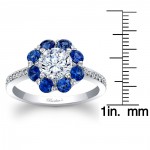 White Gold Blue Sapphire and 1 1/10ct TDW Diamond Halo Flower Ring - Handcrafted By Name My Rings™