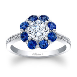 White Gold Blue Sapphire and 1 1/10ct TDW Diamond Halo Flower Ring - Handcrafted By Name My Rings™