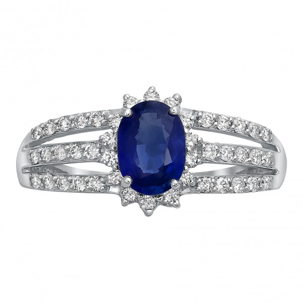 White Gold Vivid Blue Oval Sapphire and 1/3ct Diamond Halo Engagement Ring - Handcrafted By Name My Rings™