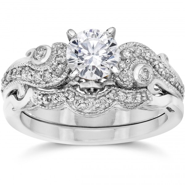 Bliss White Gold 3/ 4ct TDW Vintage Diamond Engagement Wedding Ring Set - Handcrafted By Name My Rings™