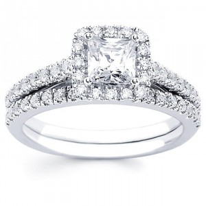 Diamonds White Gold 1.33ct TDW Diamond Princess Halo Wedding Engagement Bridal Ring Set - Handcrafted By Name My Rings™
