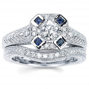 Diamonds White Gold 2/5ct TDW Diamond and Blue Sapphire Engagement Ring - Handcrafted By Name My Rings™
