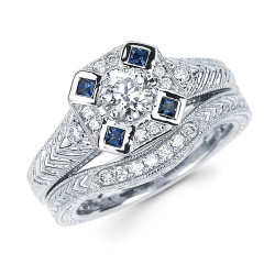 Diamonds White Gold 3/5ct TDW Diamond and Blue Sapphire Bridal Ring Set - Handcrafted By Name My Rings™