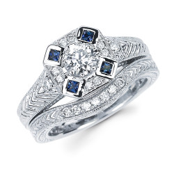 Diamonds White Gold 3/5ct TDW Diamond and Blue Sapphire Bridal Ring Set - Handcrafted By Name My Rings™