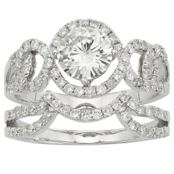 Charles & Colvard Gold 2.07 TGW Round Forever Brilliant Moissanite Halo Bridal Ring Set - Handcrafted By Name My Rings™