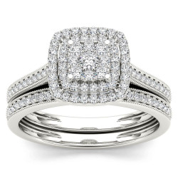 Gold 1/3ct TDW Diamond Cluster Halo Bridal Set - Handcrafted By Name My Rings™